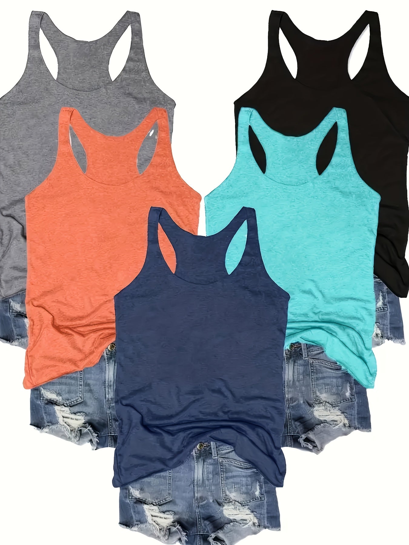 SINHOON 5pcs Sleeveless Tank Tops - Comfortable Round Neck Casual Tops for Spring & Summer - Versatile Clothing | Sleeveless Tops | Stretchy Fabric, Summer Tank Tops