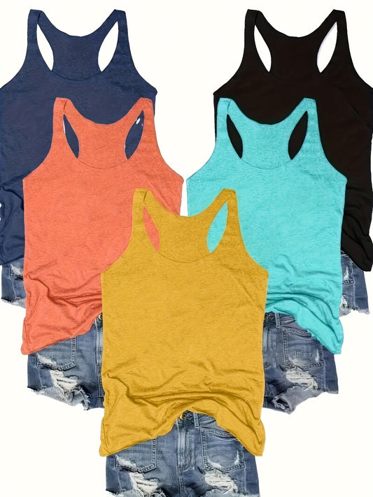 SINHOON 5pcs Sleeveless Tank Tops - Comfortable Round Neck Casual Tops for Spring & Summer - Versatile Clothing | Sleeveless Tops | Stretchy Fabric, Summer Tank Tops