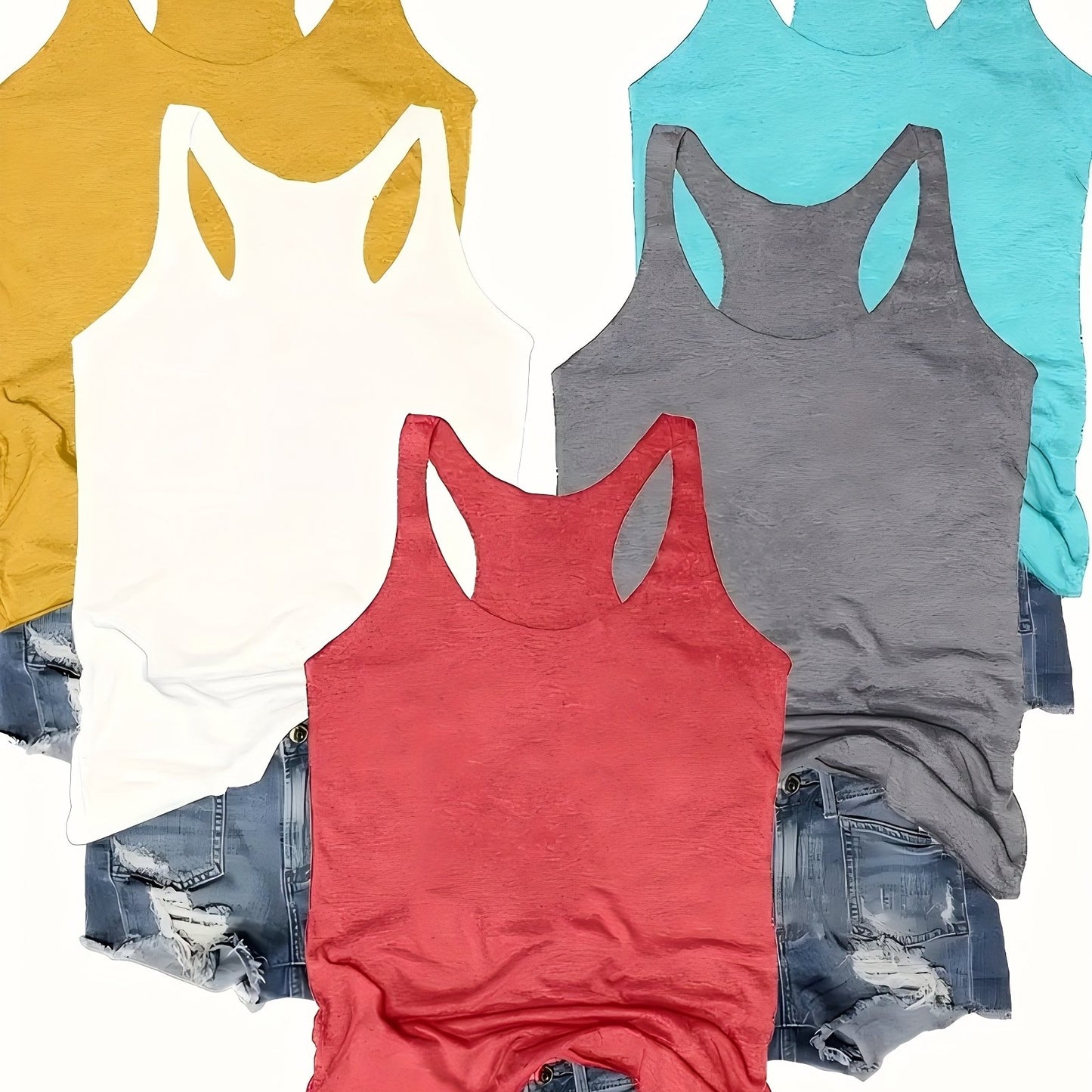 SINHOON 5pcs Sleeveless Tank Tops - Comfortable Round Neck Casual Tops for Spring & Summer - Versatile Clothing | Sleeveless Tops | Stretchy Fabric, Summer Tank Tops