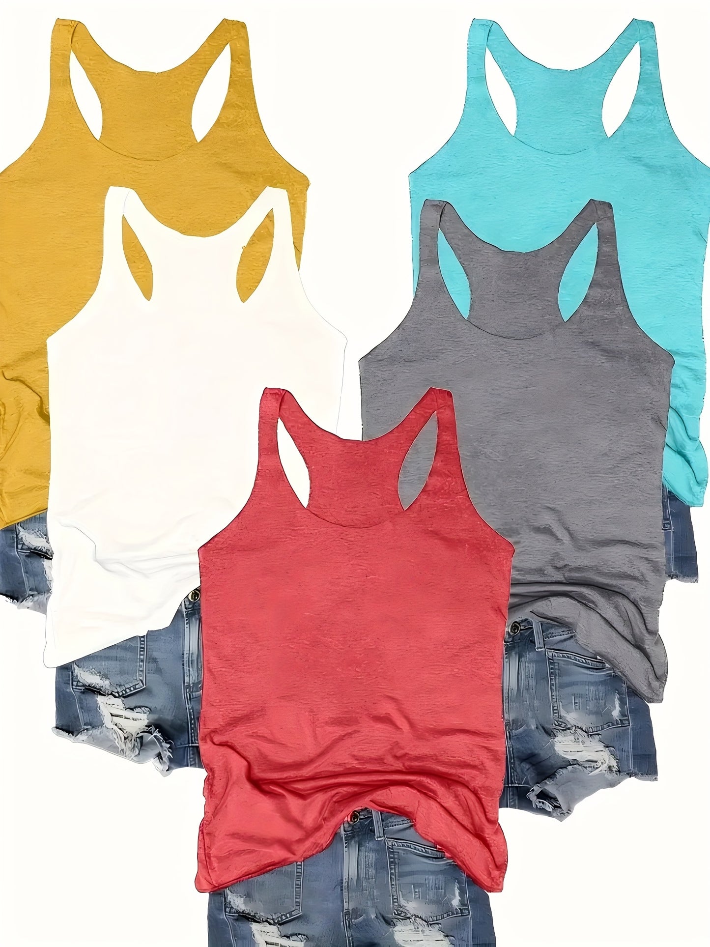 SINHOON 5pcs Sleeveless Tank Tops - Comfortable Round Neck Casual Tops for Spring & Summer - Versatile Clothing | Sleeveless Tops | Stretchy Fabric, Summer Tank Tops