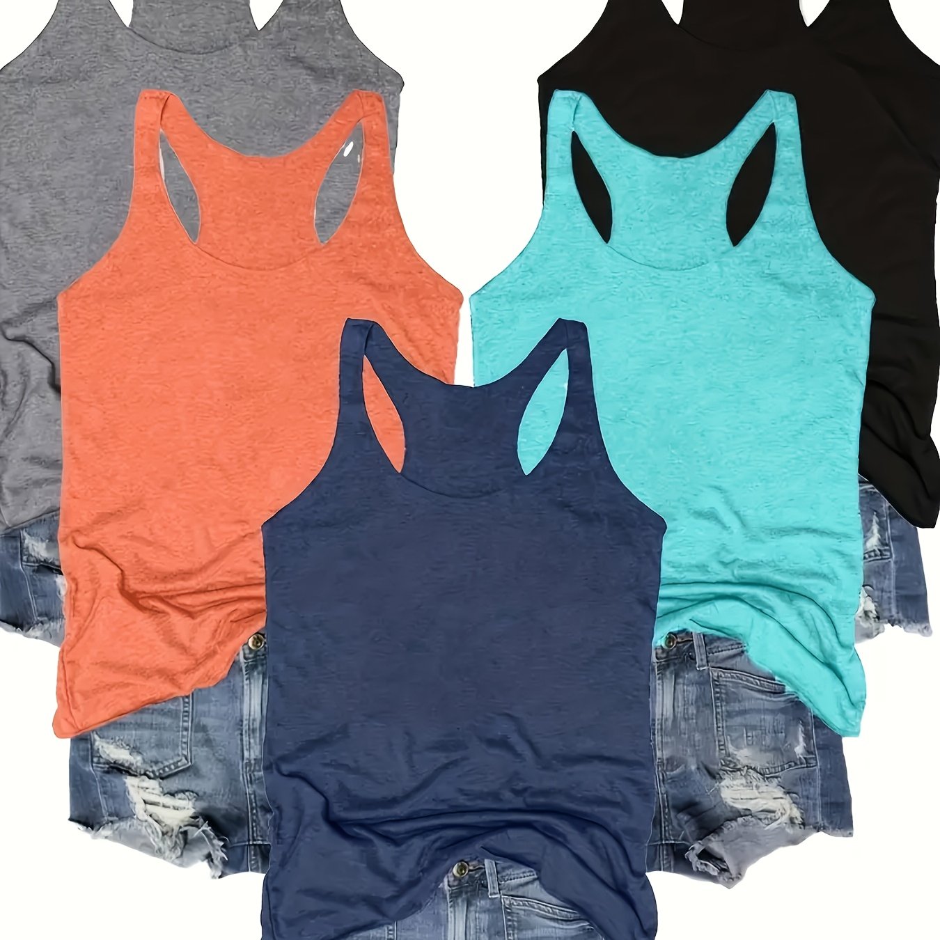 SINHOON 5pcs Sleeveless Tank Tops - Comfortable Round Neck Casual Tops for Spring & Summer - Versatile Clothing | Sleeveless Tops | Stretchy Fabric, Summer Tank Tops