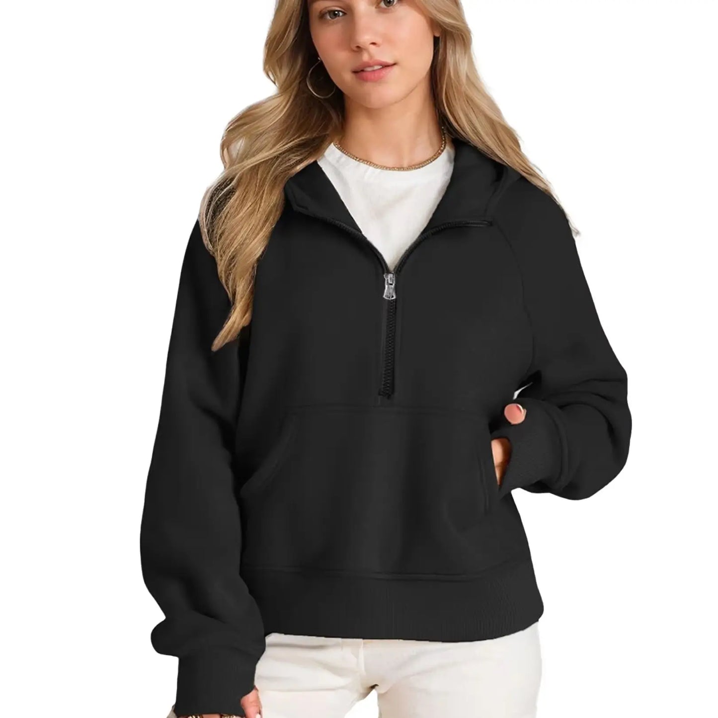 Chic Half Zip Short Hoodie, Solid Color Pocket Front Design Long Sleeves Short Pullover Top, Woman Clothes