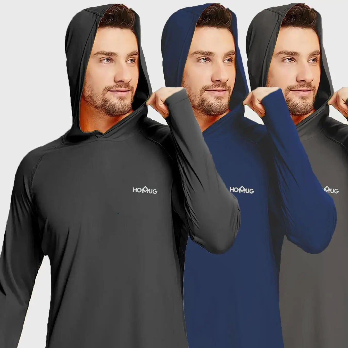 3Pcs UPF 50+ Sun Protection T-shirts Breathable Long Sleeves Men's Lightweight Breathable Activity Sports Hooded Sunscreen Tops