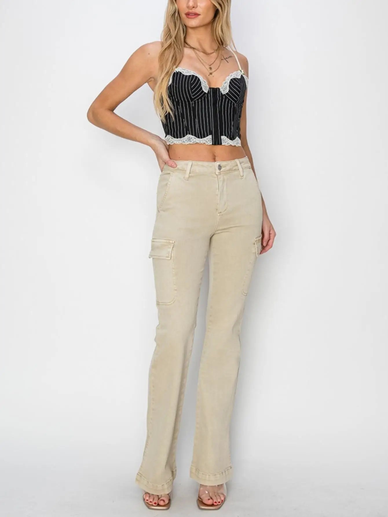 Women’s Casual Cargo Jeans Chic High-Waisted Side Slit Beige Cargo Boot Cut Denim Pants Utility Pockets, Stretch Denim Casual