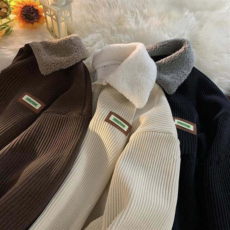 2024 Corduroy Polo Collar Sweater - Thickened Lambwool Pullover for Couples - Loose and Comfortable Casual Wear for Autumn and W