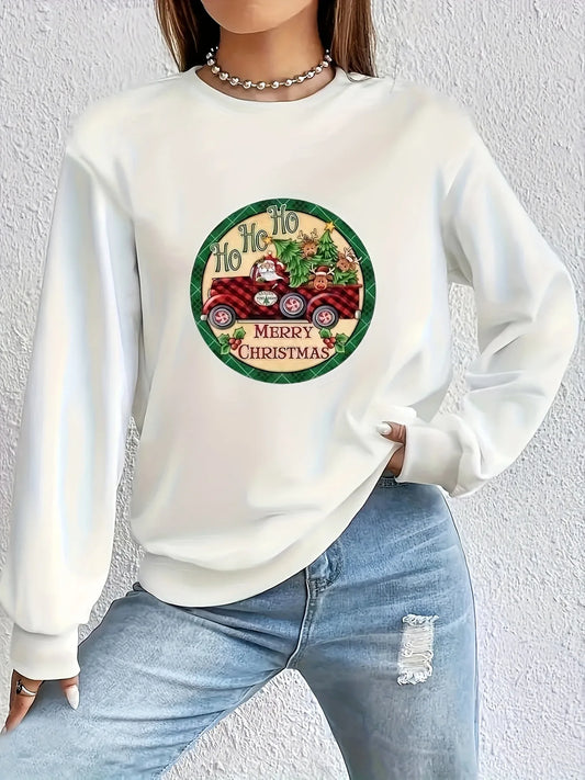 Merry Christmas Print Sweatshirt, Crew Neck Casual Sweatshirt For Winter & Fall, Women's Clothing