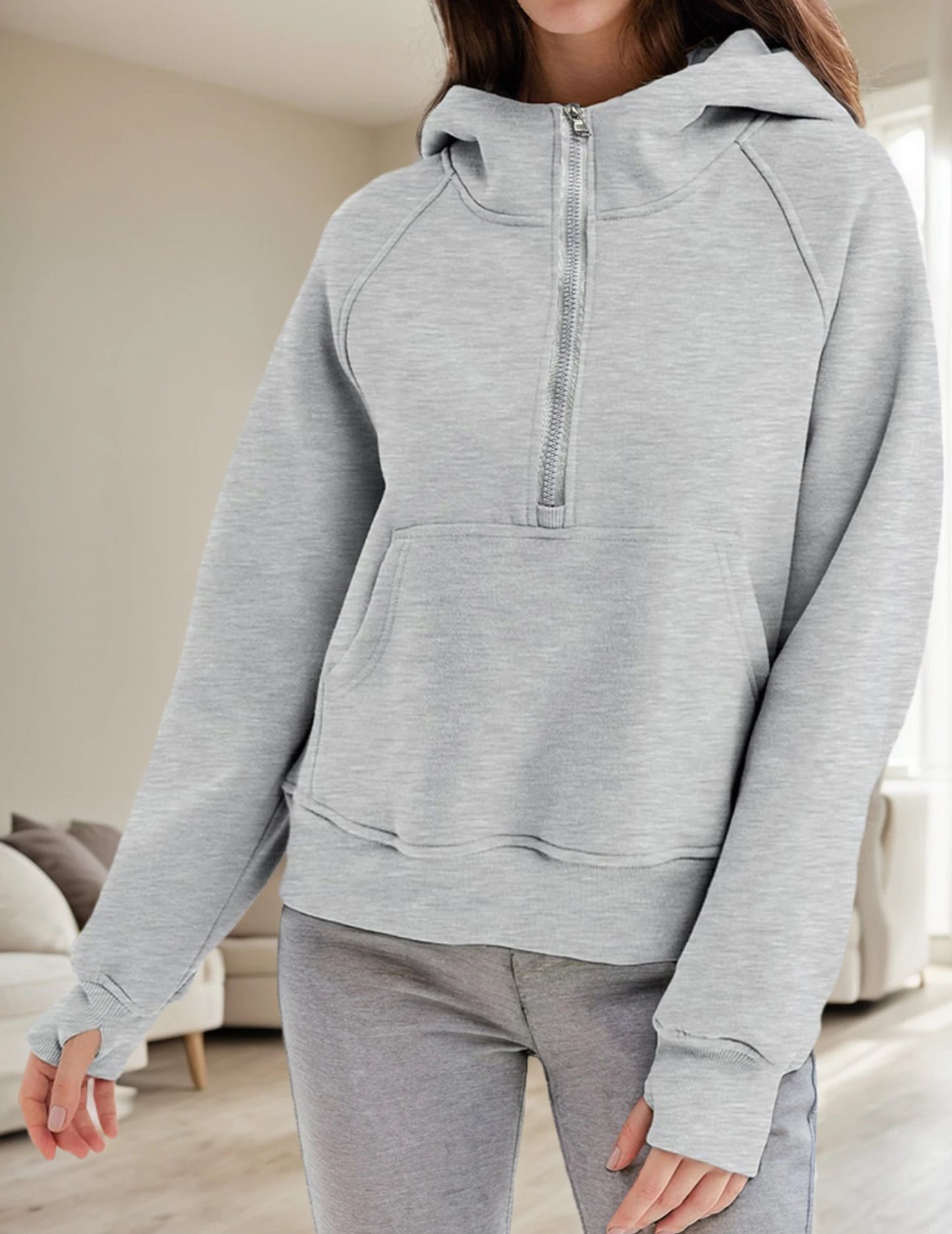 Chic Half Zip Short Hoodie, Solid Color Pocket Front Design Long Sleeves Short Pullover Top, Woman Clothes