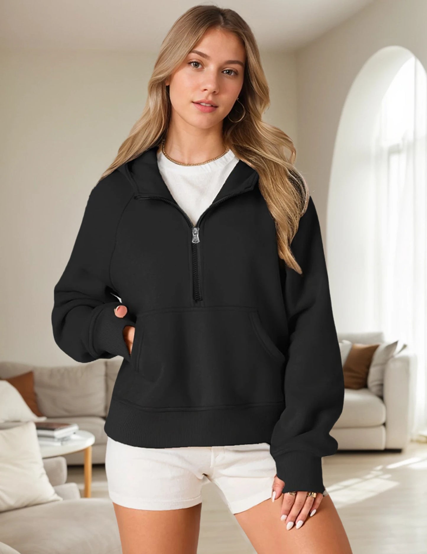Chic Half Zip Short Hoodie, Solid Color Pocket Front Design Long Sleeves Short Pullover Top, Woman Clothes