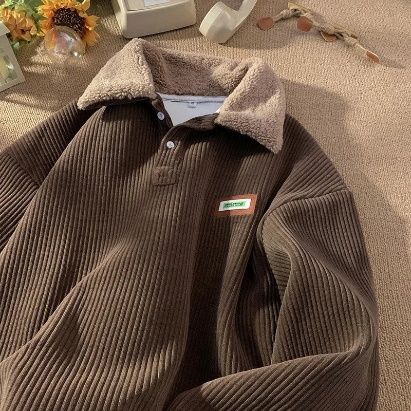 2024 Corduroy Polo Collar Sweater - Thickened Lambwool Pullover for Couples - Loose and Comfortable Casual Wear for Autumn and W