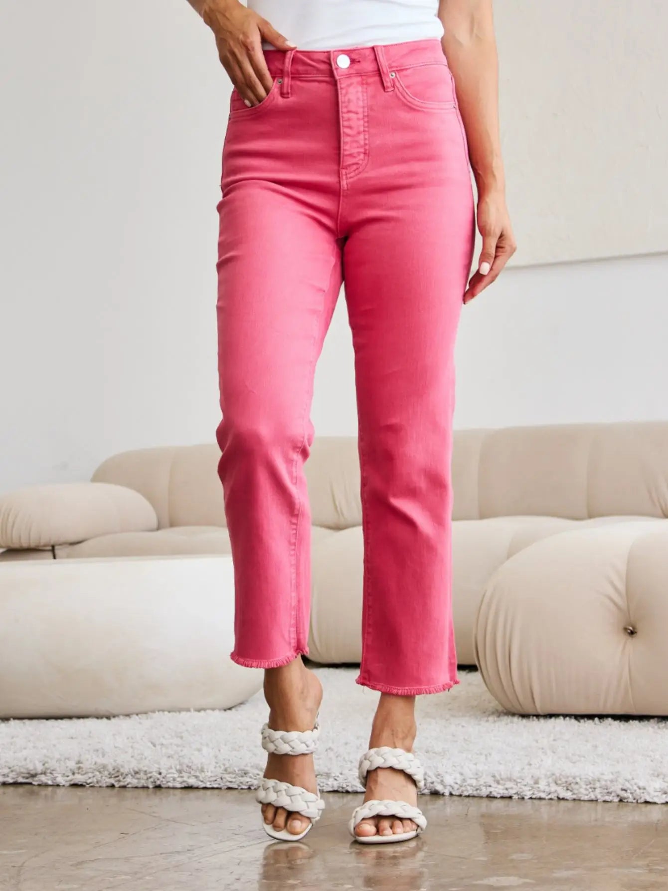 Women's Casual Jeans Trendy Tummy Control High Waist Straight-Leg Cropped Denim Pants Sunkissed Pink Cotton Blend Relaxed Fit