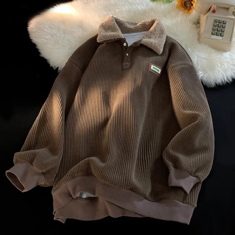 2024 Corduroy Polo Collar Sweater - Thickened Lambwool Pullover for Couples - Loose and Comfortable Casual Wear for Autumn and W