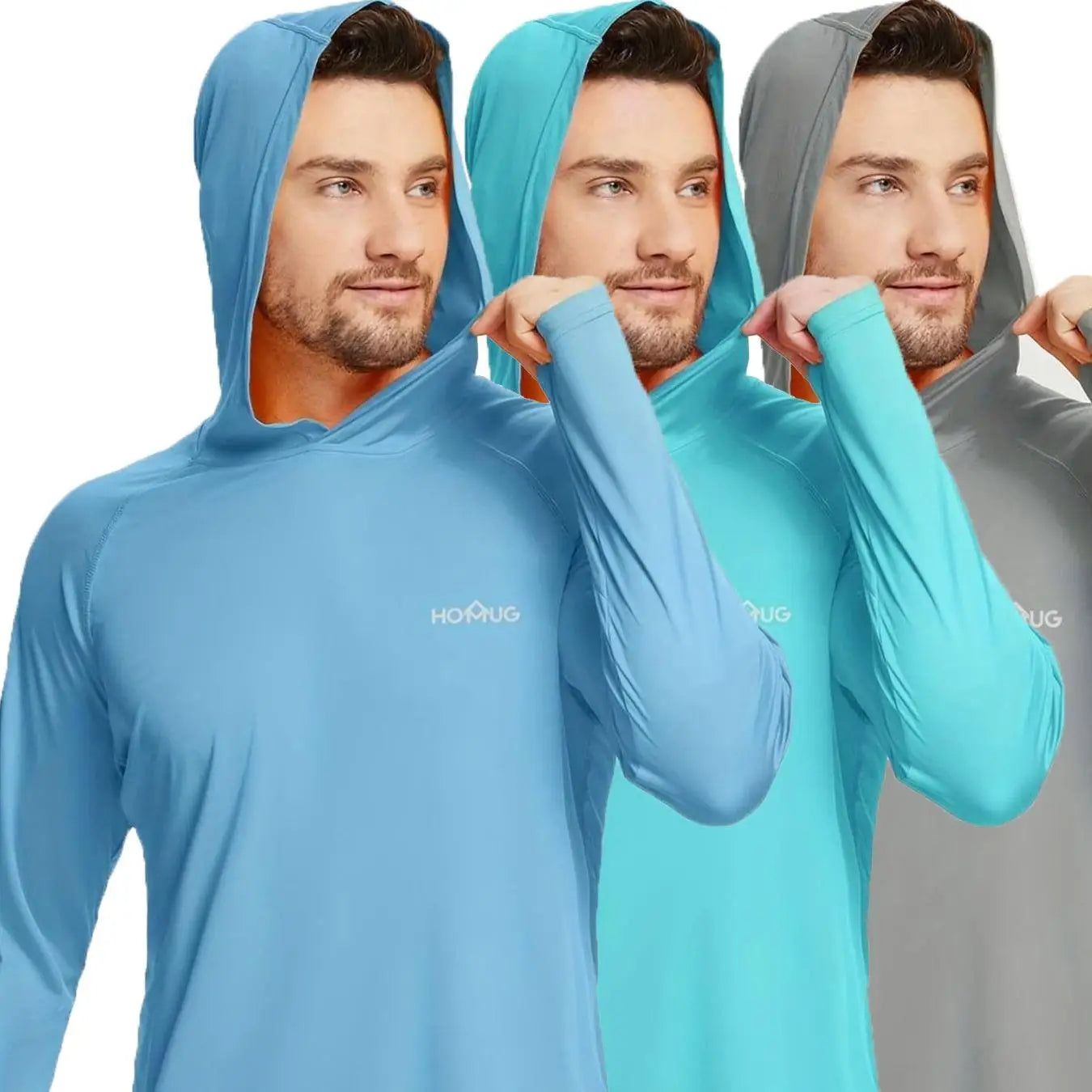 3Pcs UPF 50+ Sun Protection T-shirts Breathable Long Sleeves Men's Lightweight Breathable Activity Sports Hooded Sunscreen Tops