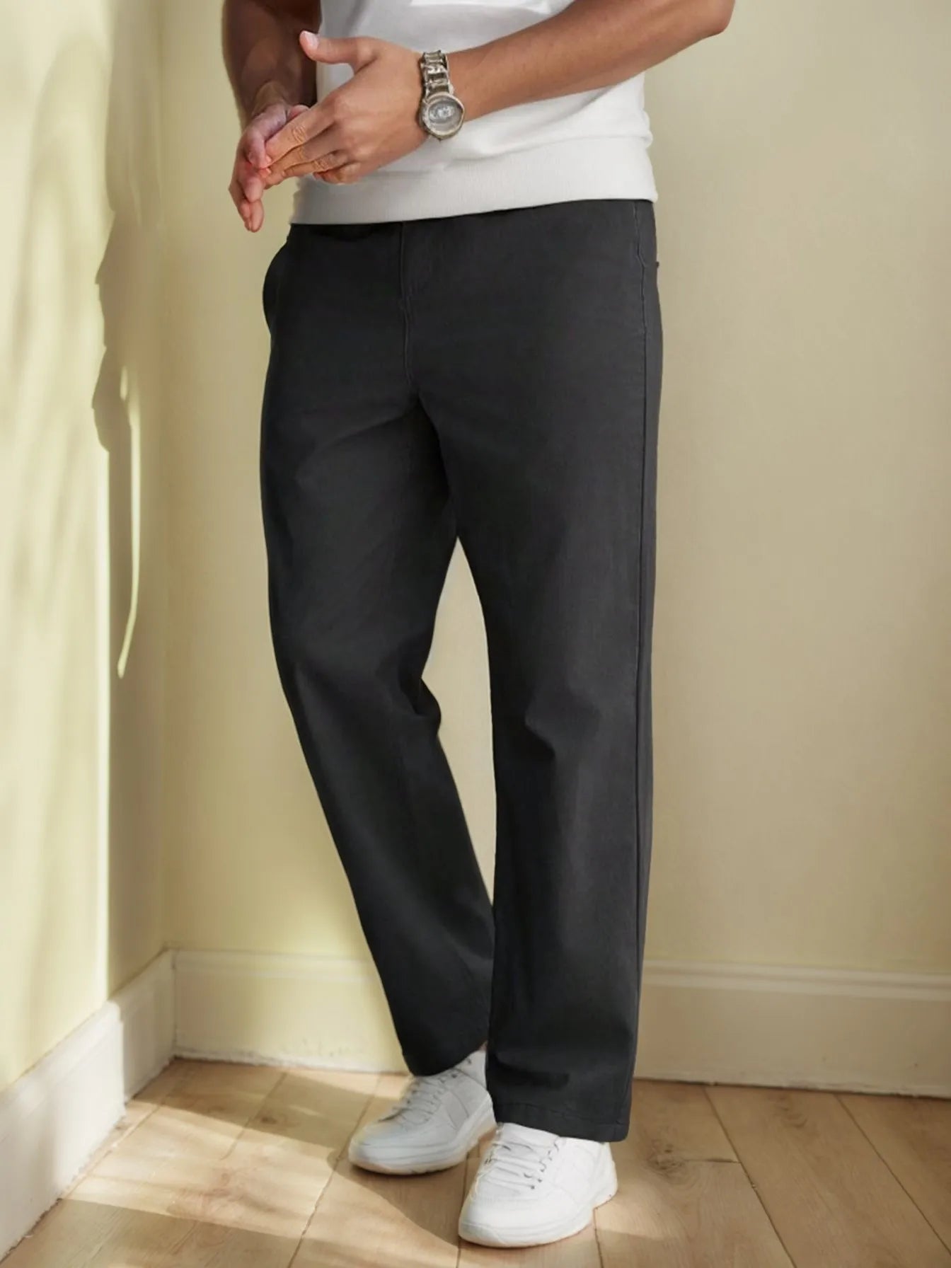 "Men's Elastic Waist Relaxed Fit Cotton Twill Pants, Comfortable and Casual, Classic and Versatile, Ideal for Everyday Wear