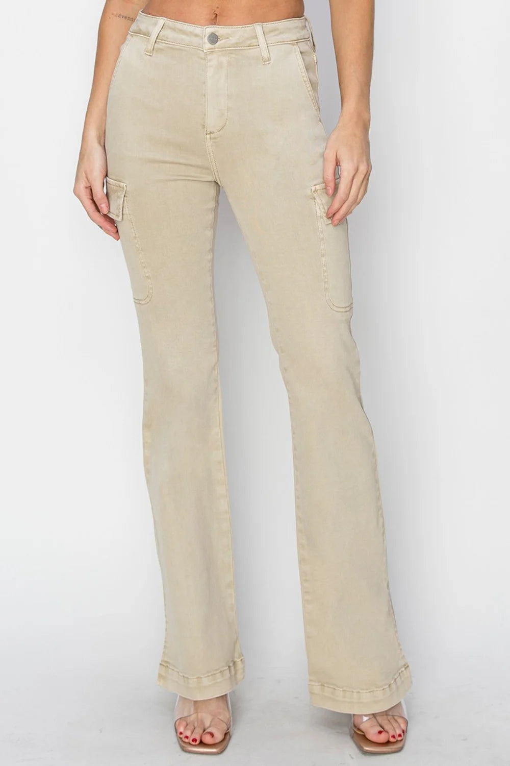 Women’s Casual Cargo Jeans Chic High-Waisted Side Slit Beige Cargo Boot Cut Denim Pants Utility Pockets, Stretch Denim Casual