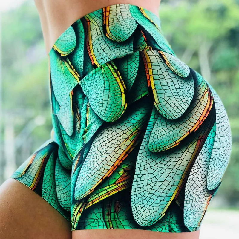 Women Running Shorts High Waist Yoga Shorts Scrunch Butt Seamless Print Push Up Hip Gym Shorts Fitness Elastic Sports Leggings