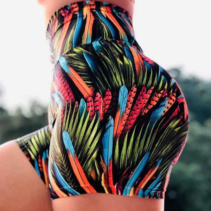 Women Running Shorts High Waist Yoga Shorts Scrunch Butt Seamless Print Push Up Hip Gym Shorts Fitness Elastic Sports Leggings