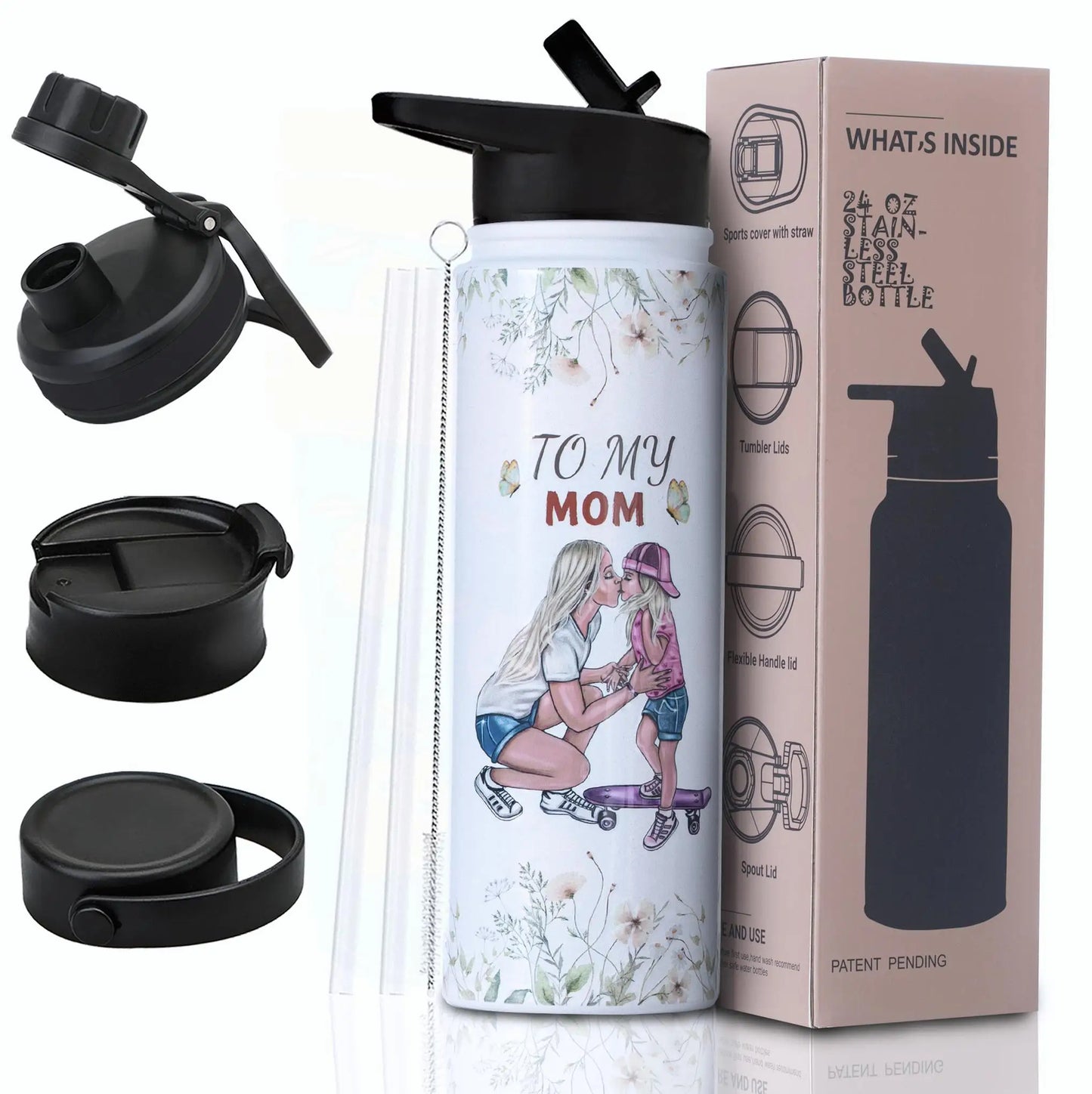 24oz Vacuum Insulated Water Bottle for Mom – Stainless Steel, 3D Printed, BPA-Free Straw Lid, Gift for Women