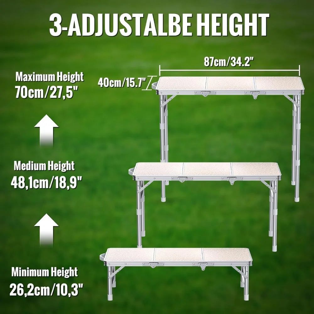 Folding Table for Camping, 3-Adjustable Height Lightweight Folding Picnic Table with Storage Bag, Portable Aluminum Outdoor Tabl