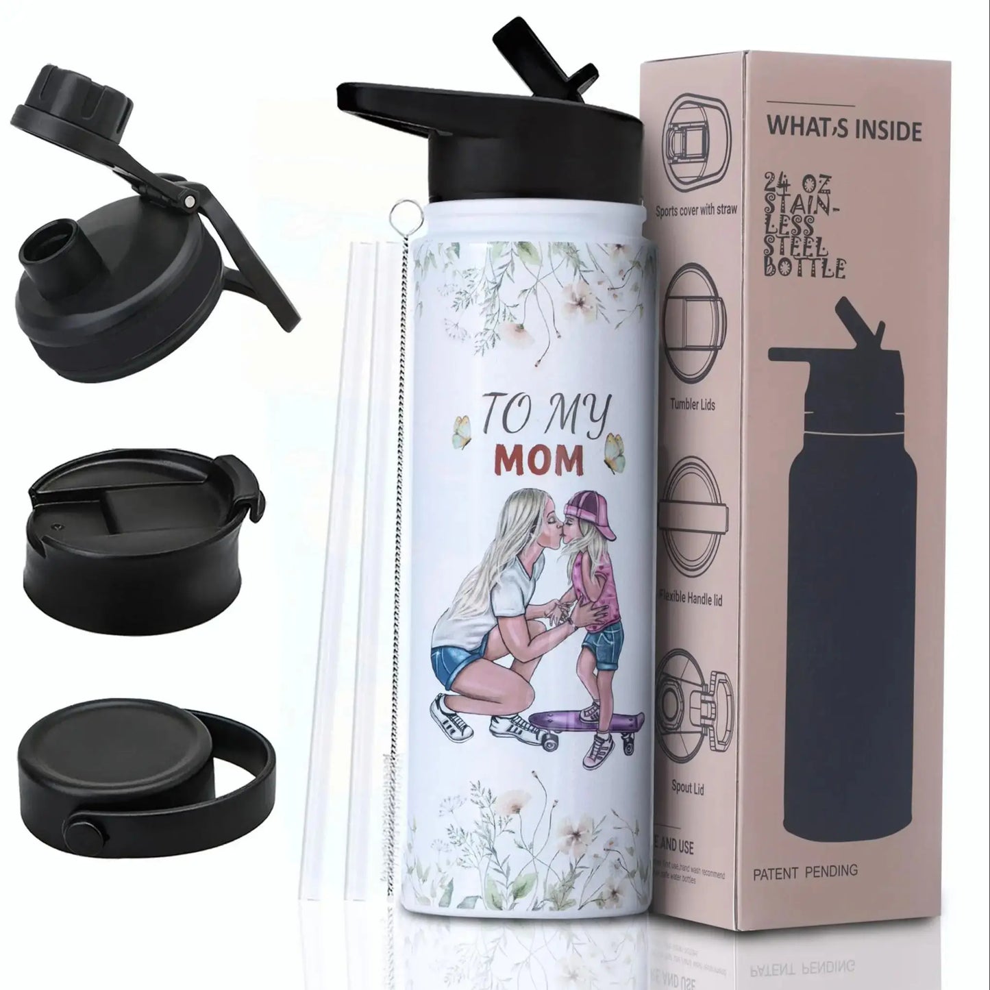 24oz Vacuum Insulated Water Bottle for Mom – Stainless Steel, 3D Printed, BPA-Free Straw Lid, Gift for Women