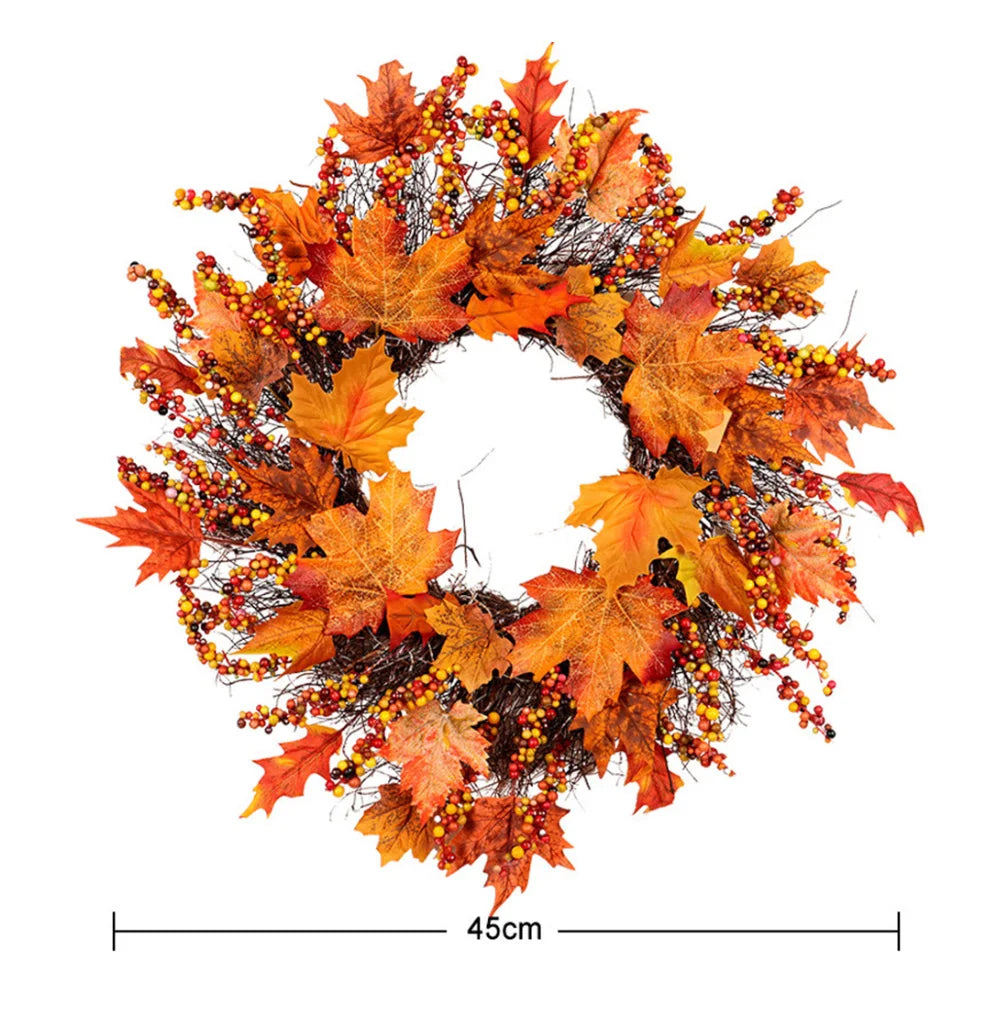 1Pc Xmas Thanksgiving Day Artificial Berries Maple Leaf Garland Realistic Unfading Foam, Rattan Wreath Hanging Decor