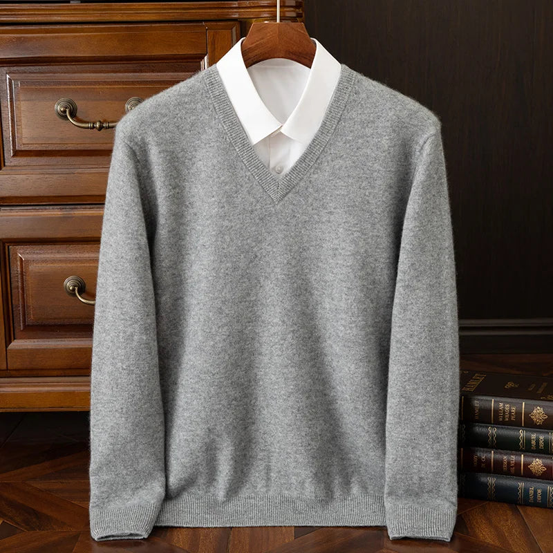 Fashion Men's 100% Cashmere Pullover Sweater V-neck Long Sleeve Thick Pullover Autumn Winter Smart Casual Cashmere Knit Clothing