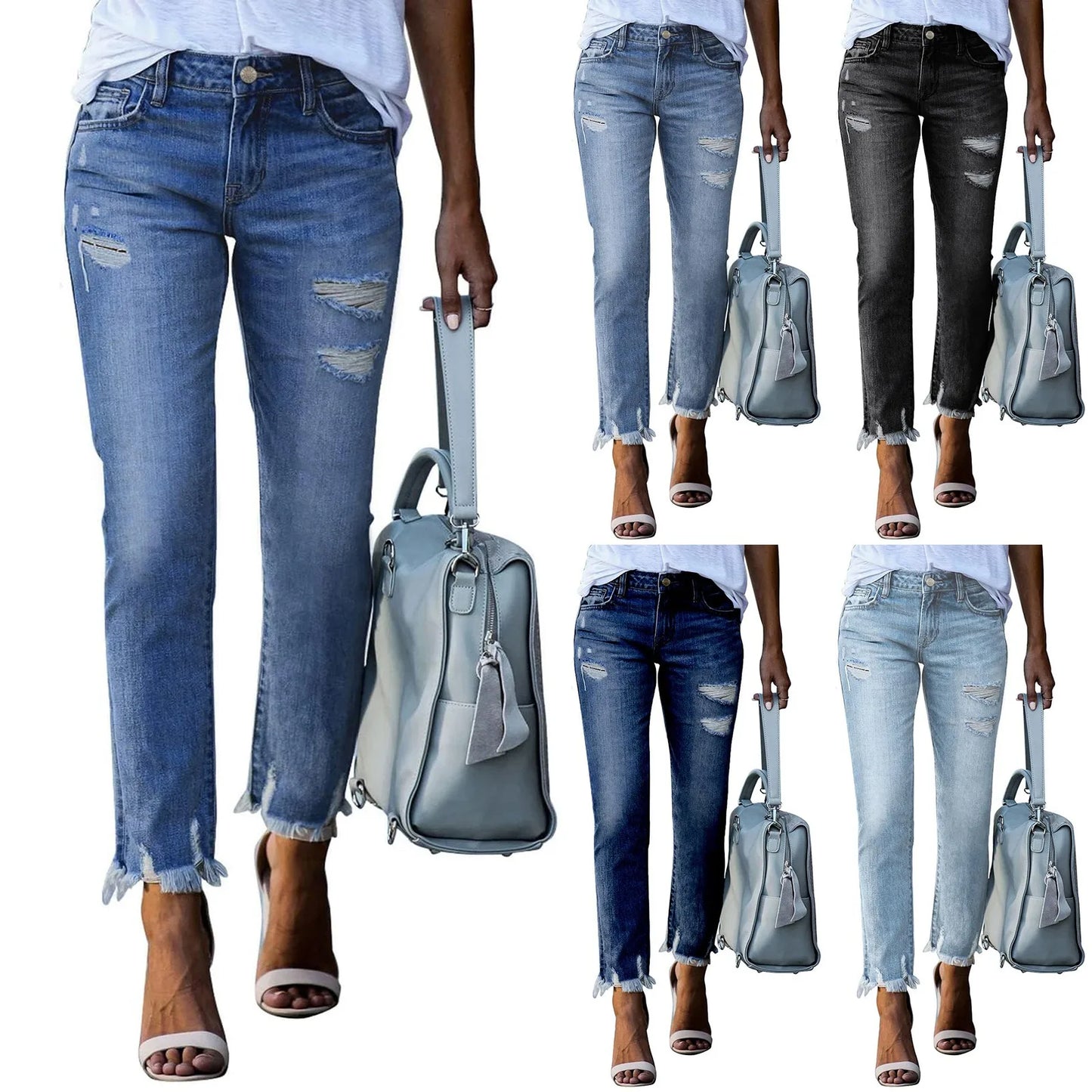Ripped Slim Vintage Jeans Pencil Pants For Women Clothing Tassel Vintage Denim Trouser Female Bleached Pants New In