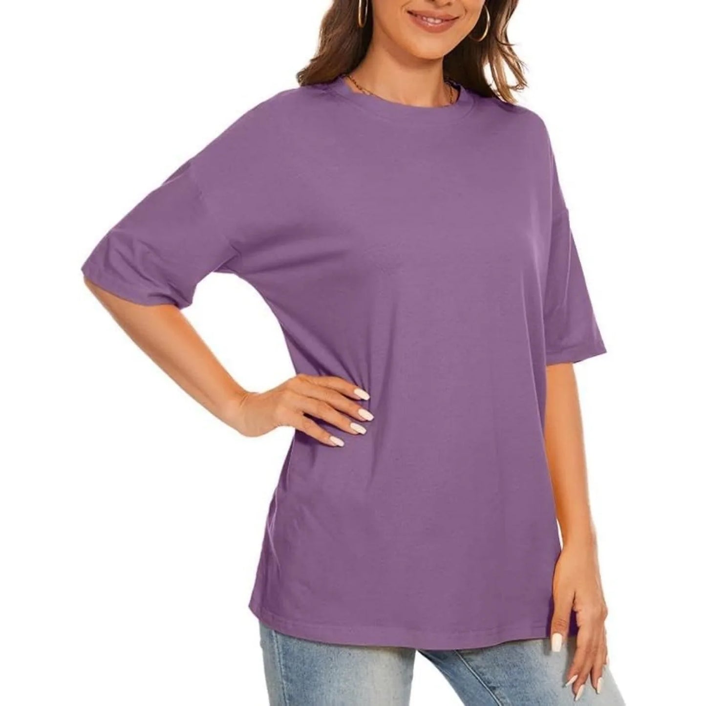 Womens Summer Casual Loose T-Shirt Short Sleeve Crewneck Solid Color Basic Tee Oversized Tunic Tops