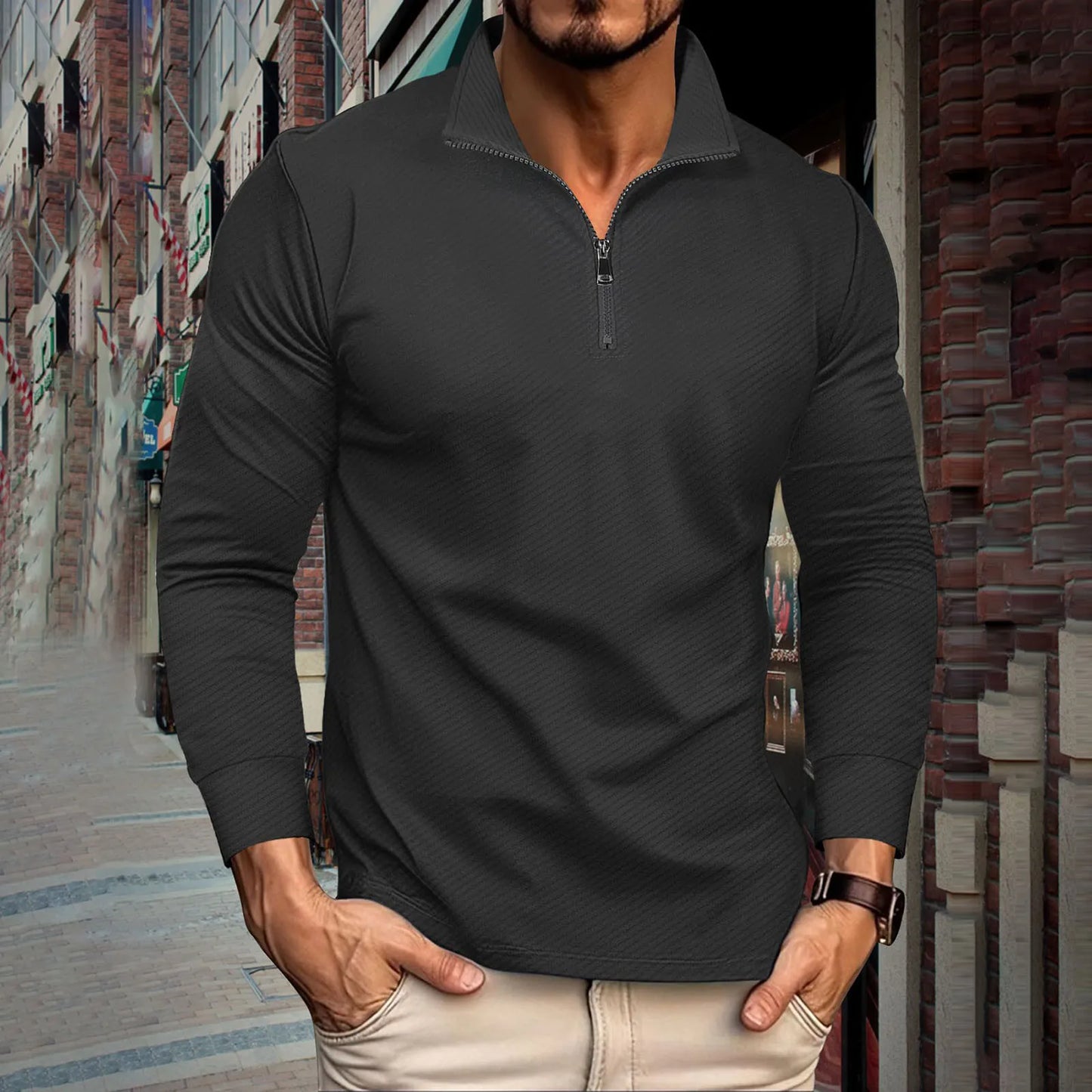 Men's Turtleneck Pullovers Trendy Twill Jacquard Zipper Long Sleeve Knitted Sweaters Men's Sports Shirt Loose Sweaters Tops