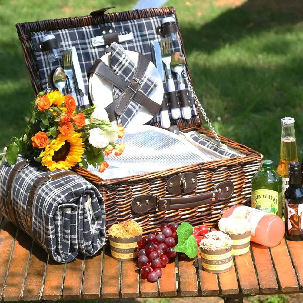 Wicker Picnic Basket for 4 with Insulated Cooler & Waterproof Blanket – Large Willow Picnic Hamper for Outdoor, Camping, Beach,