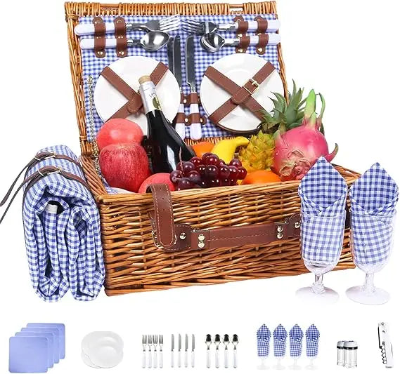Wicker Picnic Basket for 4 with Insulated Cooler & Waterproof Blanket – Large Willow Picnic Hamper for Outdoor, Camping, Beach,