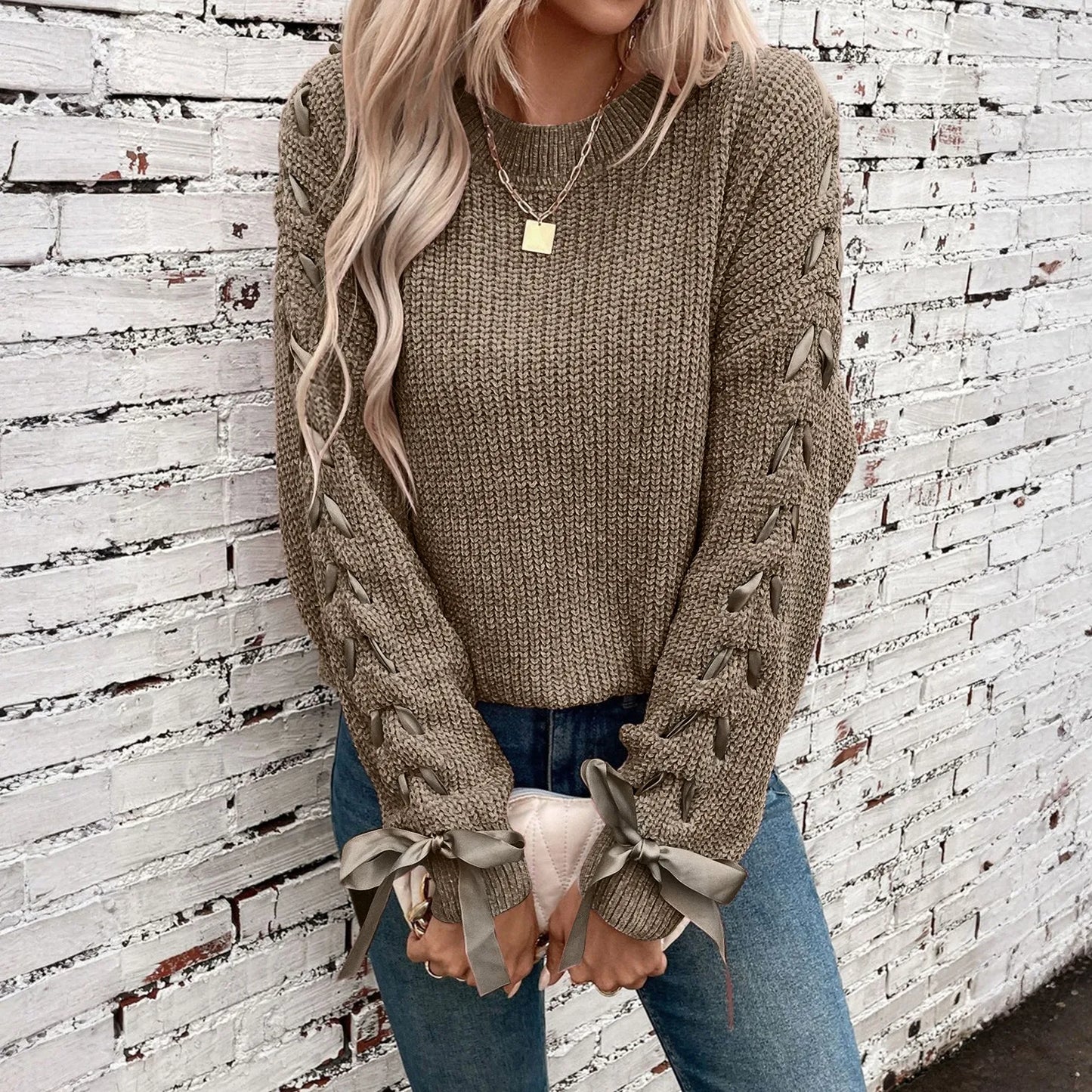 Women'S Fashion Casual Round Neck Long Sleeve Solid Color Lace-Up Bowknot Pullover Loose Women'S Sweater Winter Clothes Woman