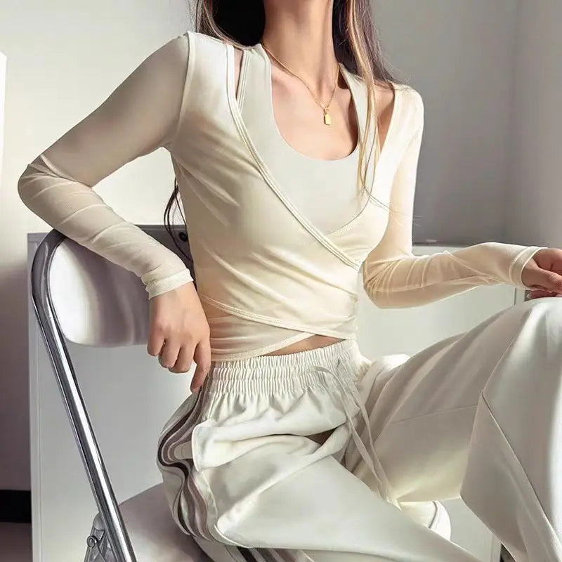 Sexy Mesh Slimming Yoga Suit for Women, Gathering Together, Sports Bra, Two Pieces, Quick Dry Training, Pilates Cover Up Blouse