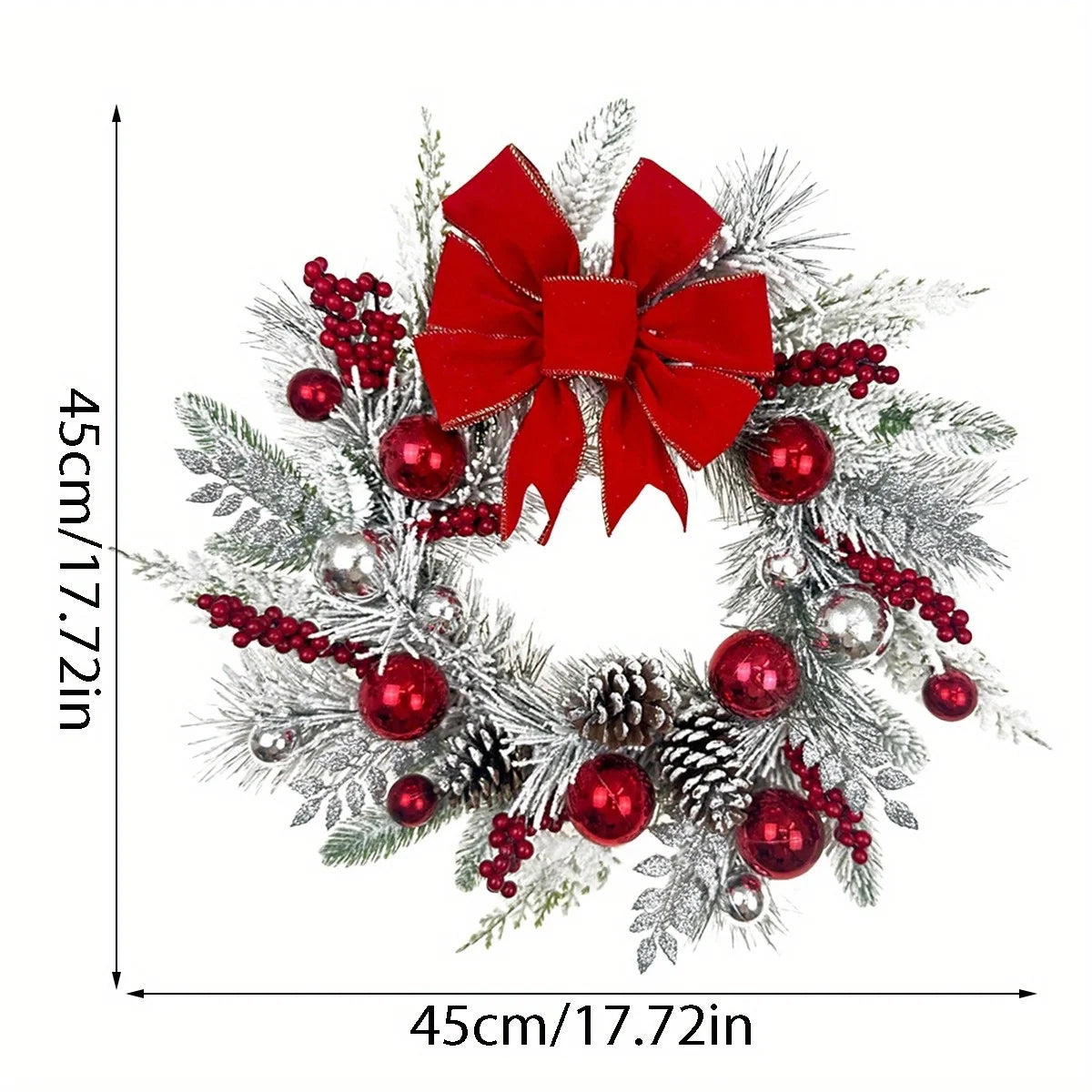 17.7in Christmas Wreath for Front Door, 2025 New Year Hanging Garland Decorations, Handmade Pine Berries Ball Ribbon Wreath