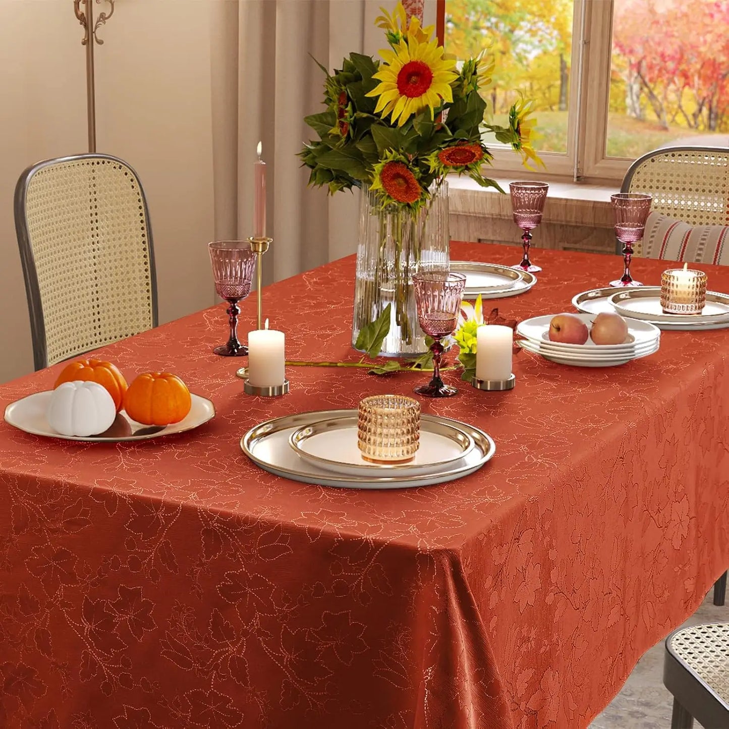 Rectangle Thanksgiving Tablecloth, Waterproof Jacquard Fall Table Cloth, Damask Cloth Table Cover for Harvest Decor (60' x 84',
