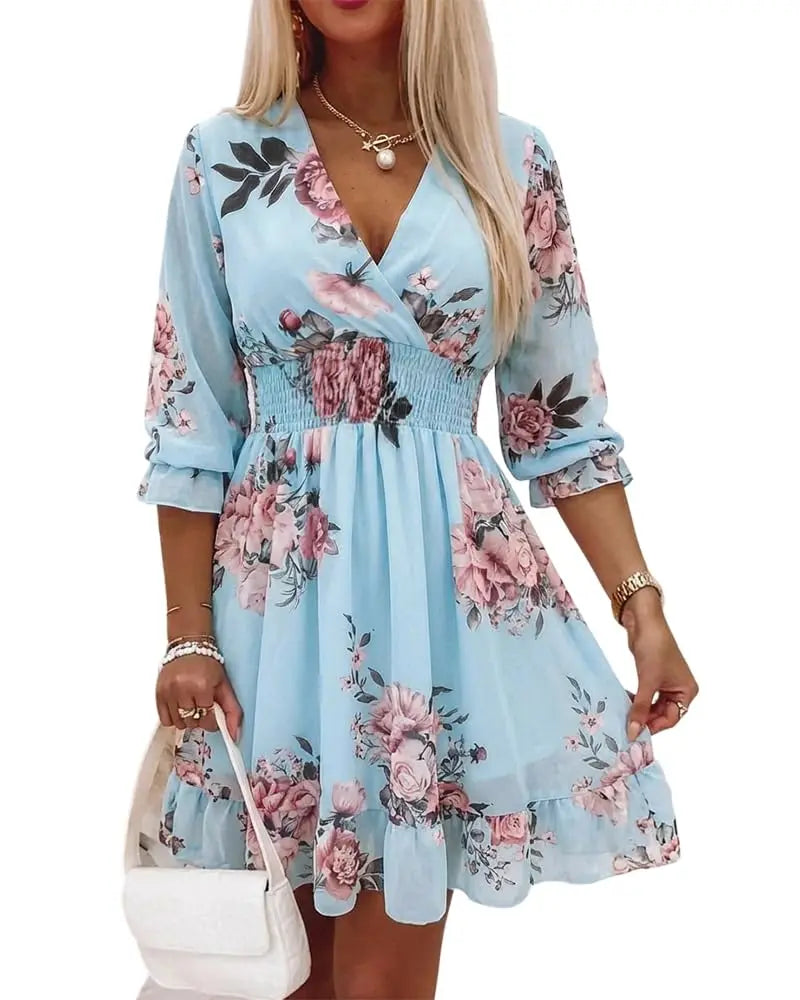 Women Floral Wrap Dress V-Neck High Waist Short Layered Summer Casual Beach Guest Dress