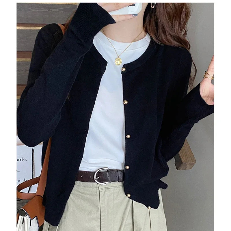 O Neck Basic Knitted Cardigan Women Spring Autumn Long Sleeve Button Solid Soft Sweater Korean Style Short Knitwear Tops Female