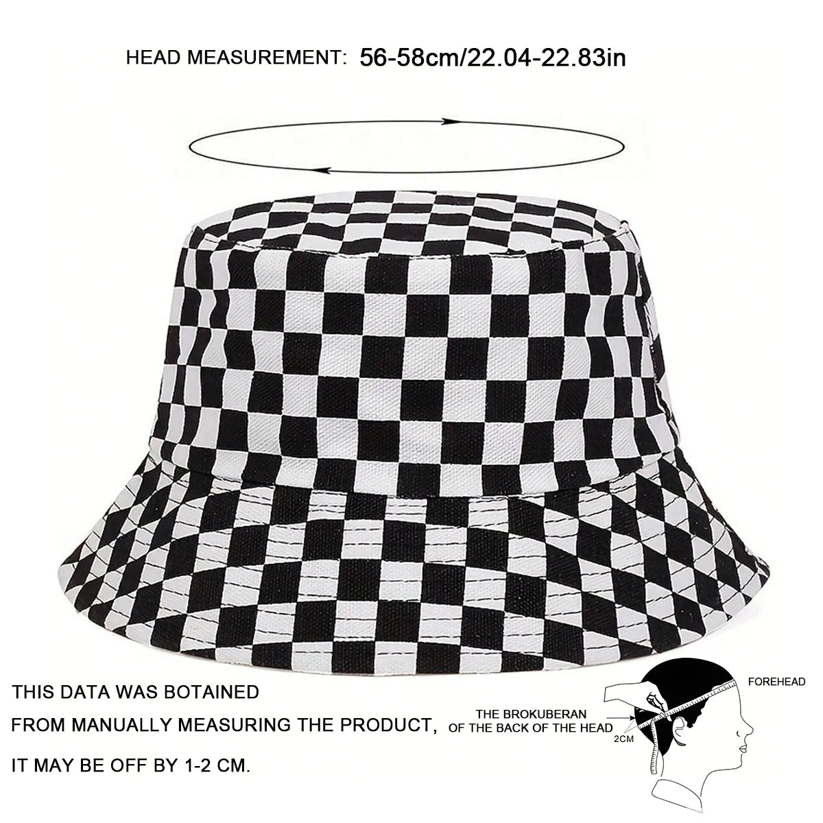 1piece Unisex ack White Grid Reversible Bucket Hat Outdoor Sunscreen Leisure Hat Spring Autumn Travel Tourism Beach Vacation