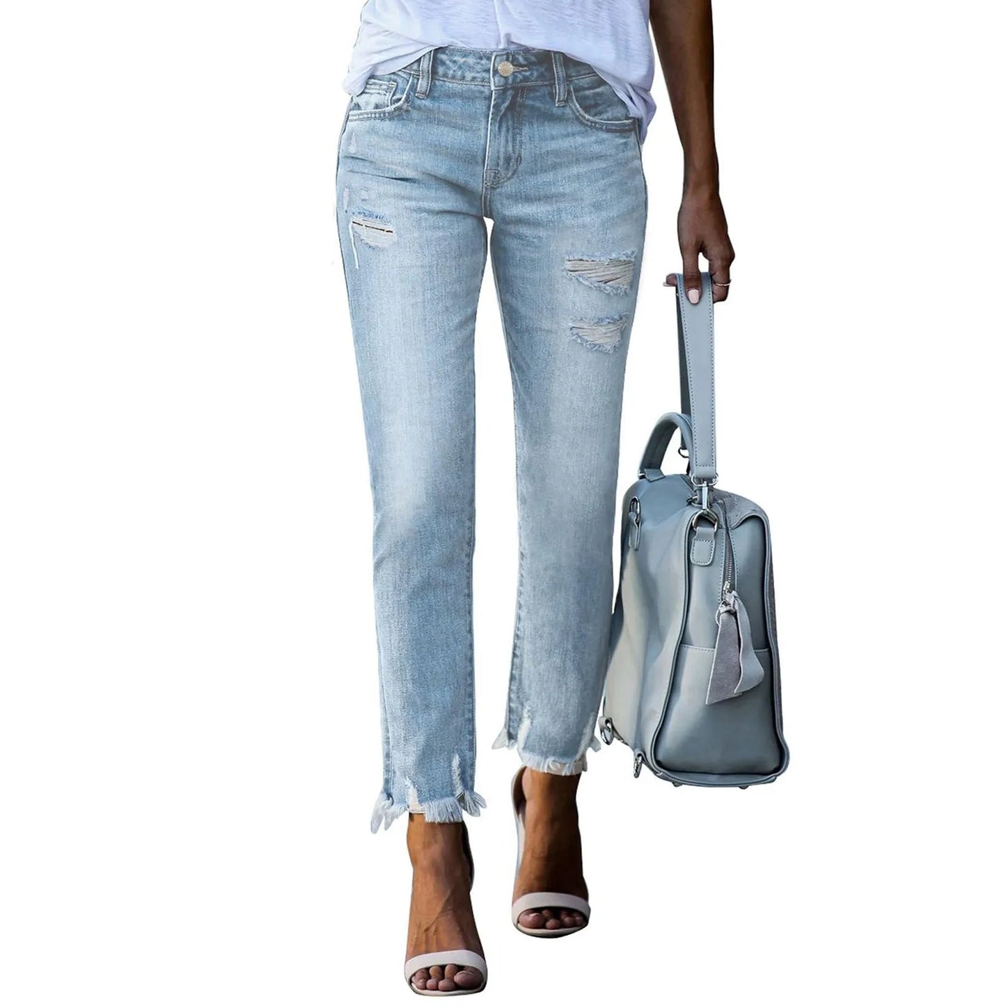 Ripped Slim Vintage Jeans Pencil Pants For Women Clothing Tassel Vintage Denim Trouser Female Bleached Pants New In