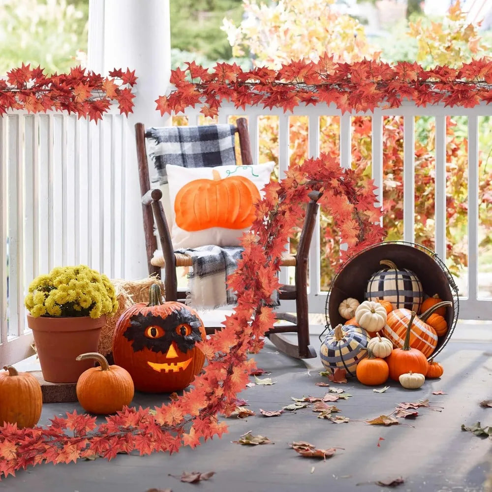 24 Pack Fall Leaf Garland, Hanging Vines Garland Artificial Fall Maple Leaves Thanksgiving Decor for Home Fireplace Party (Mixe