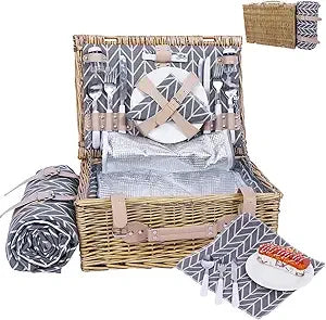 Wicker Picnic Basket for 4 with Insulated Cooler & Waterproof Blanket – Large Willow Picnic Hamper for Outdoor, Camping, Beach,