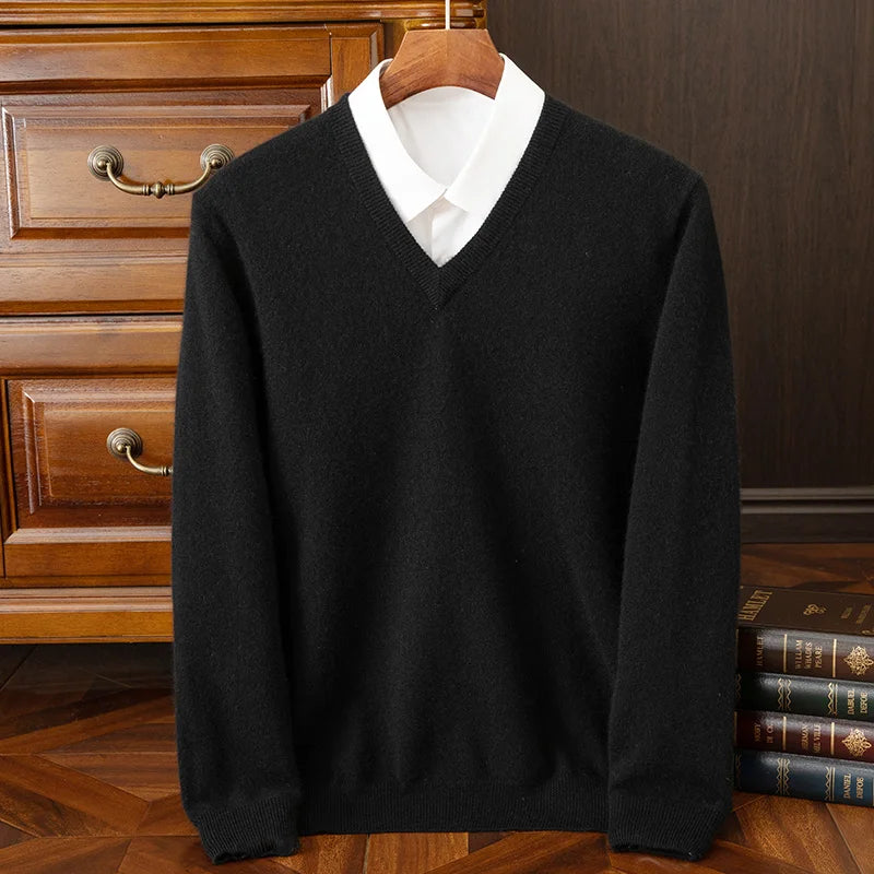 Fashion Men's 100% Cashmere Pullover Sweater V-neck Long Sleeve Thick Pullover Autumn Winter Smart Casual Cashmere Knit Clothing