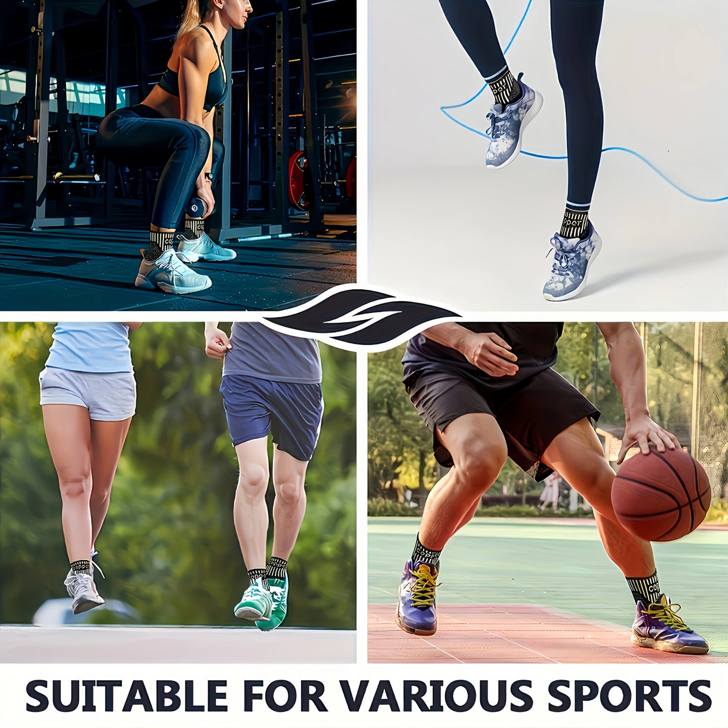 2 PCS Copper Ion Sports Ankle Brace, Ankle Support Sets, Men's and Women's Compression Socks, Basketball, Football, Tennis, Running Protective Gear