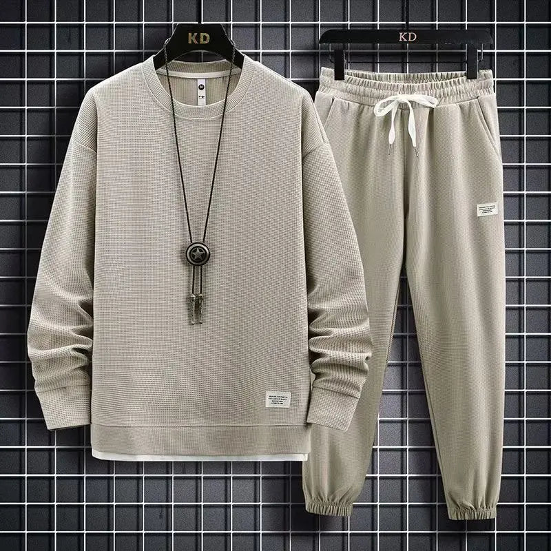 Men's Casual Sportswear Long Sleeve T-Shirt And Pants Set Spring, Autumn/Winter Cotton Plaid Fashionable Youth Outfit Long Pants