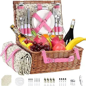 Wicker Picnic Basket for 4 with Insulated Cooler & Waterproof Blanket – Large Willow Picnic Hamper for Outdoor, Camping, Beach,