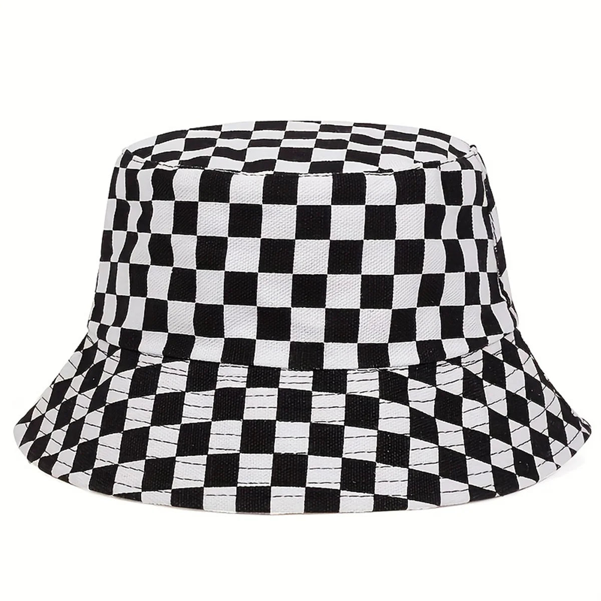 1piece Unisex ack White Grid Reversible Bucket Hat Outdoor Sunscreen Leisure Hat Spring Autumn Travel Tourism Beach Vacation
