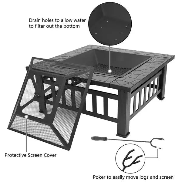 Multifunctional Fire Pit Table 32in Square Metal Firepit Stove Backyard Patio Garden Fireplace for Camping, Outdoor Heating