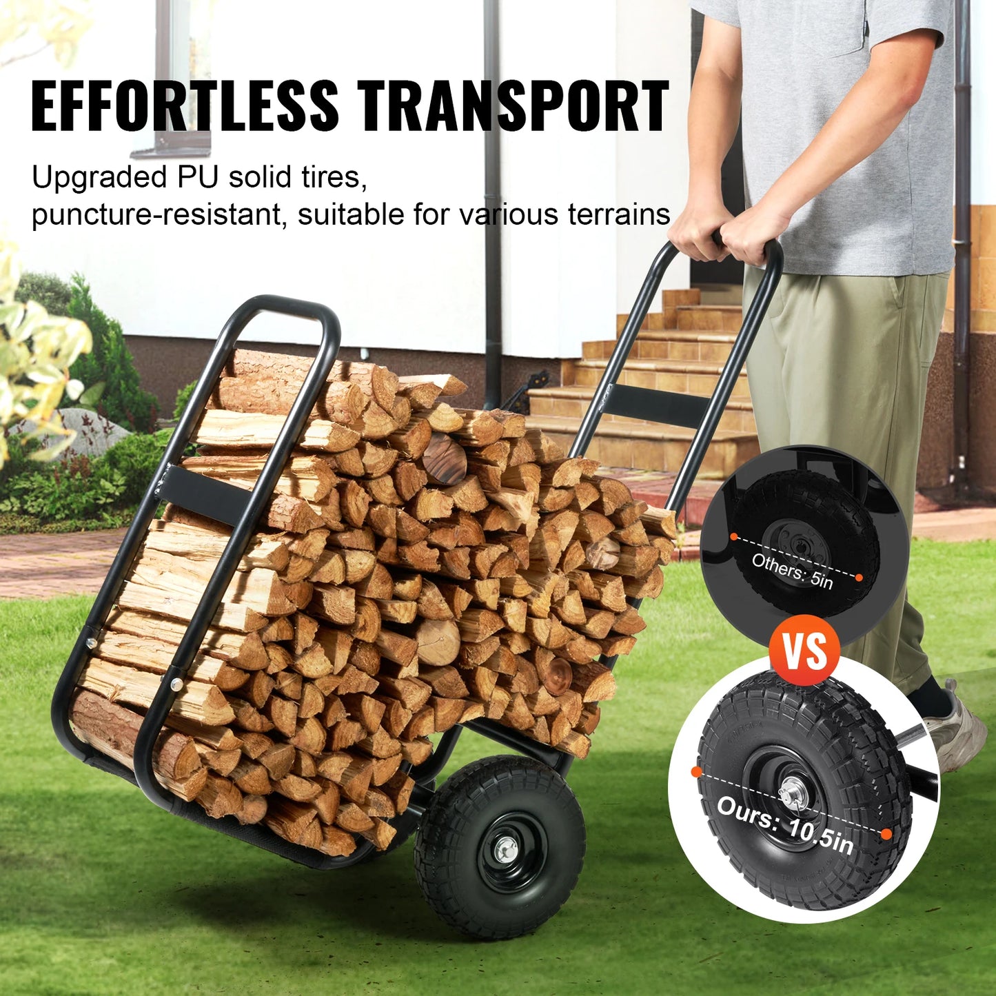 SucceBuy Firewood Log Cart Outdoor and Indoor Wood Rack Storage Mover with Wheels Heavy Duty Steel for Fireplace Fire Pit Black