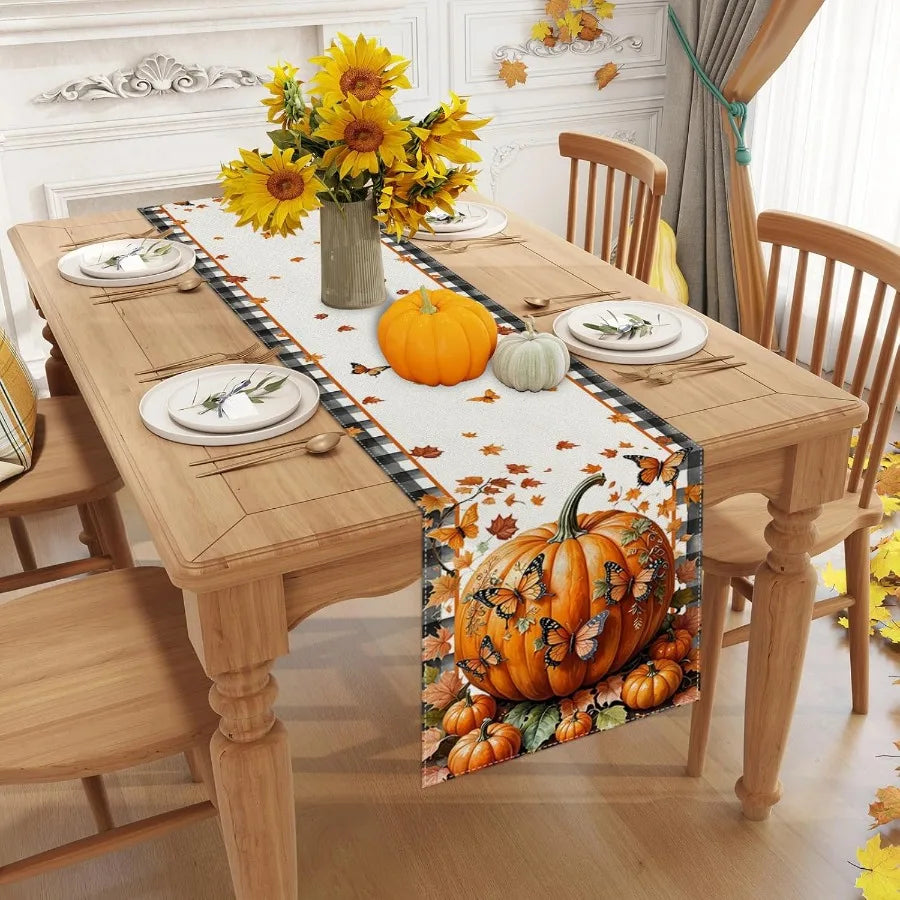 Linen Black and White Buffalo Check Plaid Fall Table Runner 72 Ihes Long Fall Leaves Pumpkin Butterfly Home Kitchen Table Decor
