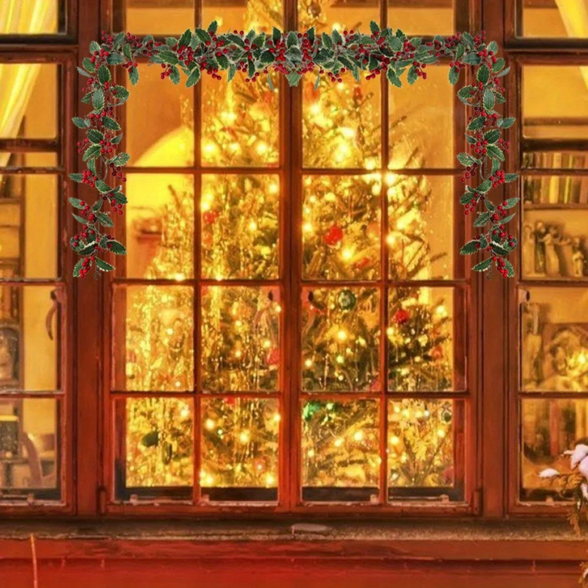 2 Pack Christmas Garlands, 5.74ft Red Berries & Holly Leaves Garland, Artificial Garland for Indoor Outdoor Fireplace