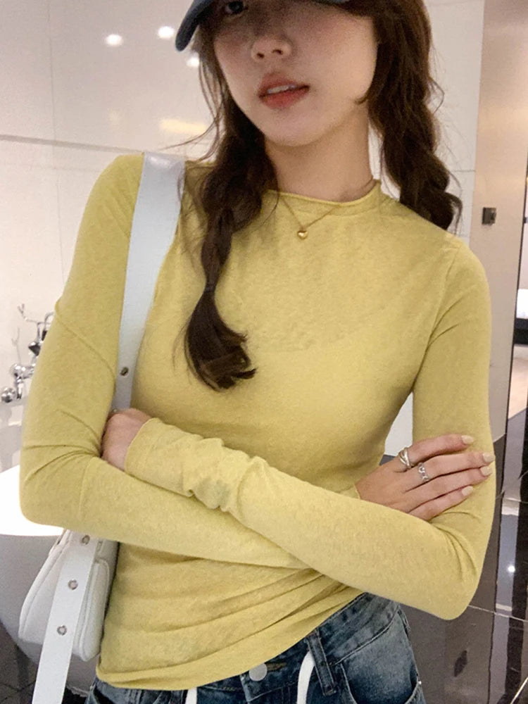 2025 Spring Autumn T shirt Women Tops Solid Slim Fit Long Sleeve O Neck Tshirts Female Casual Streetwear High Quality Base Tees